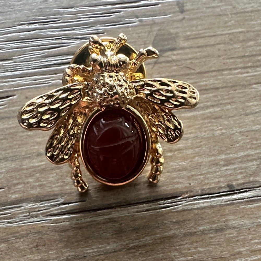 Vintage Gold and Red Bee Brooch Textured Statement Lapel Pin